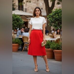 Vintage Red Midi Skirt A-Line High Waist Classic Elegant Style Size 8